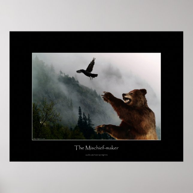 Raven & Grizzly Bear Fun Wildlife Art Poster (Front)