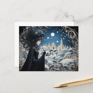 Raven-Haired Nouveau Witch Postcard