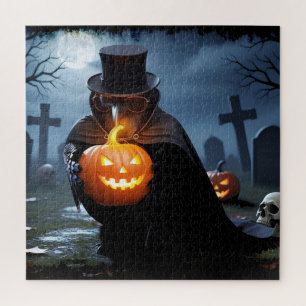 Raven Halloween Graveyard with Pumpkins and Skulls Jigsaw Puzzle