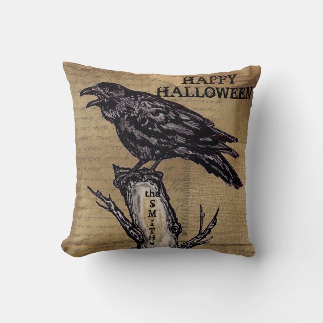 Raven Halloween Pillow Personalise Burlap Neutral (Front)