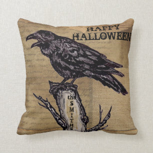 Raven Halloween Pillow Personalise Burlap Neutral