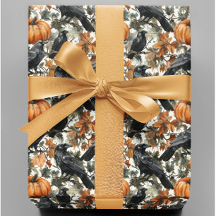Raven Halloween Pumpkins Watercolor Autumn  Wrapping Paper