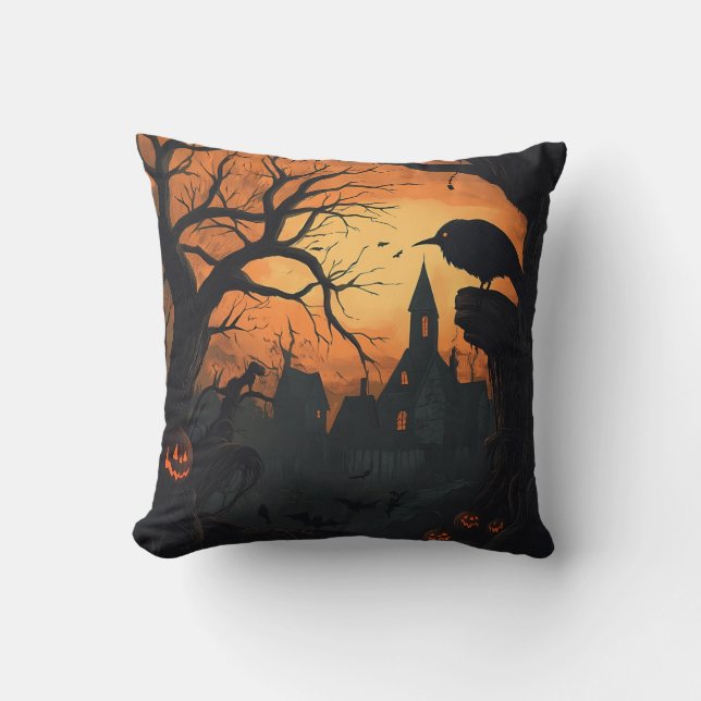 Raven Haunted Village Halloween Black Orange Cushion (Front)