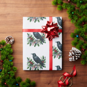 Raven Holly Red Berries Woodland Christmas Wrapping Paper
