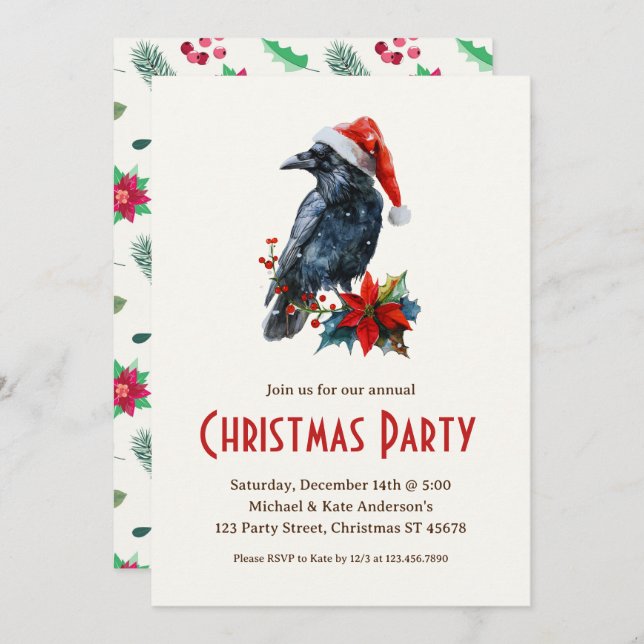 Raven in a Santa Hat Black Bird Christmas Party  Invitation (Front/Back)