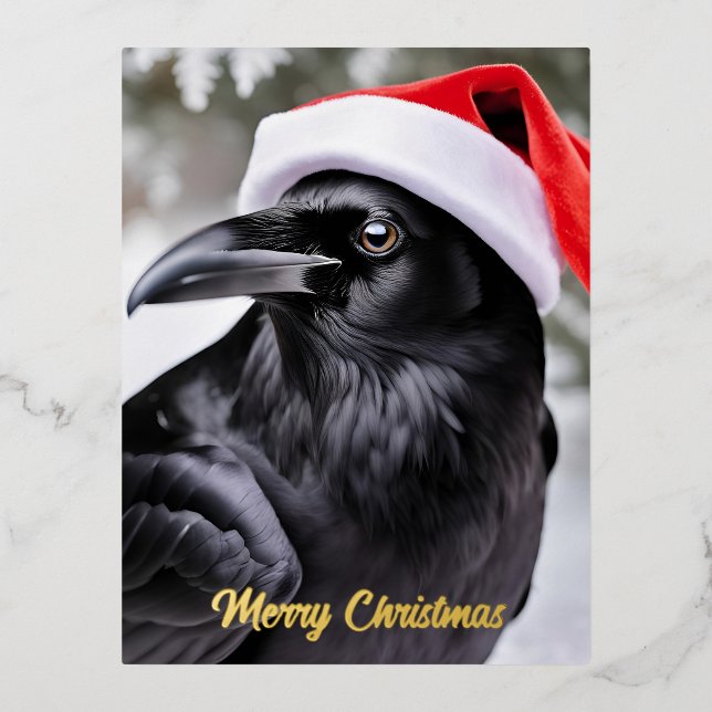 Raven in a Santa Hat Christmas Foil Holiday Postcard (Front)