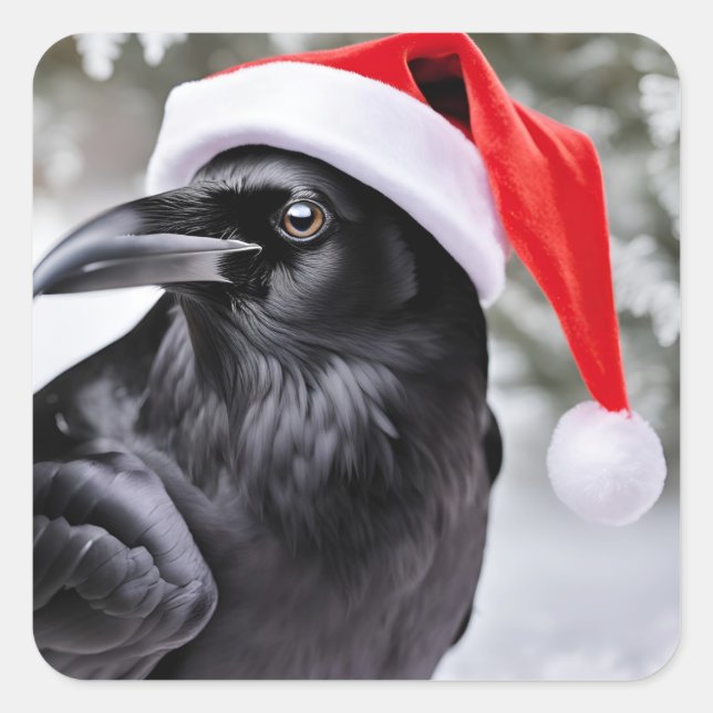 Raven in a Santa Hat Square Sticker (Front)