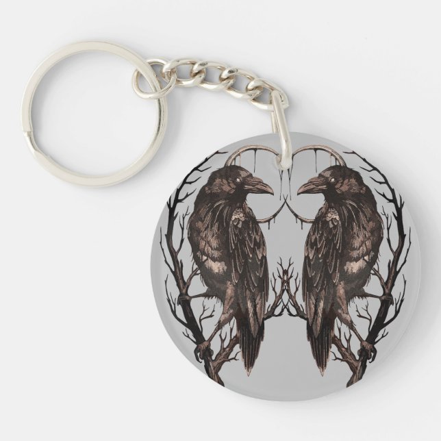 Raven in Dead Tree - Dark Gothic Art Key Ring (Front)