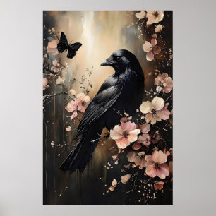 Raven in moody flower forest printable, crow poster