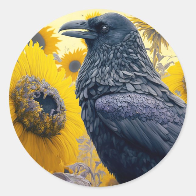 Raven in Sunflower Field Classic Round Sticker (Front)