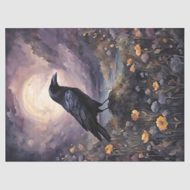 Raven in the Moonlight Watercolor Decoupage Tissue Paper (Front)