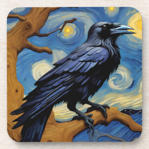 Raven in the old oak tree in the starry night coaster