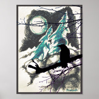 Raven in the woods, the Moon and branches Poster