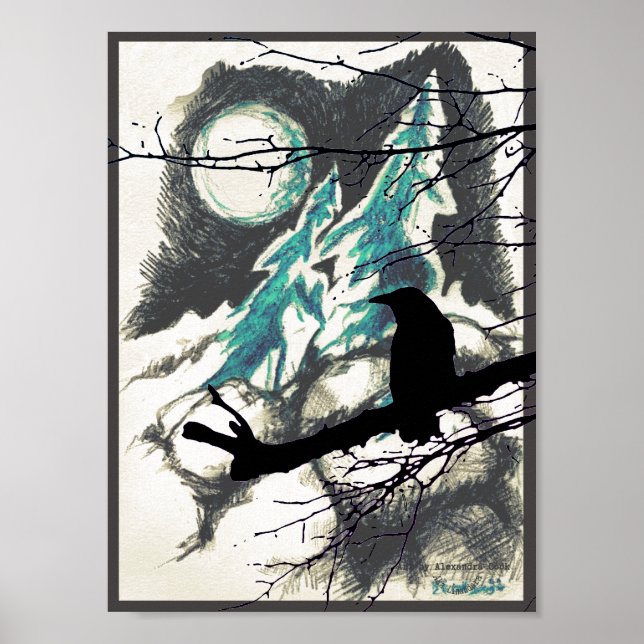Raven in the woods, the Moon and branches Poster (Front)