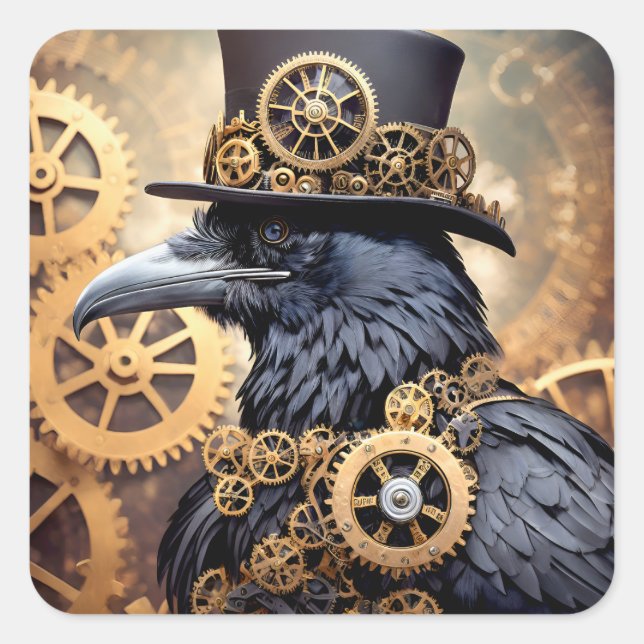 Raven in Top Hat Steampunk Art Square Sticker (Front)