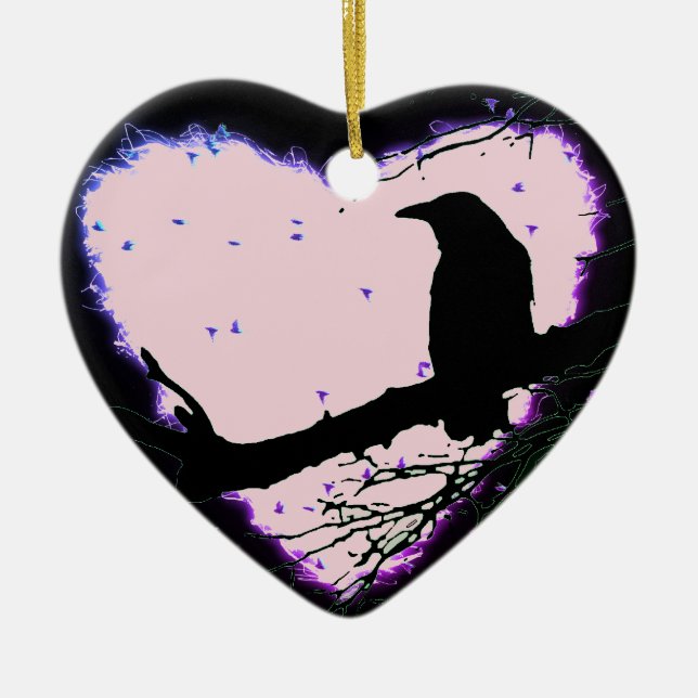 Raven Love Forever Cracked Glowing Heart Ceramic Tree Decoration (Front)