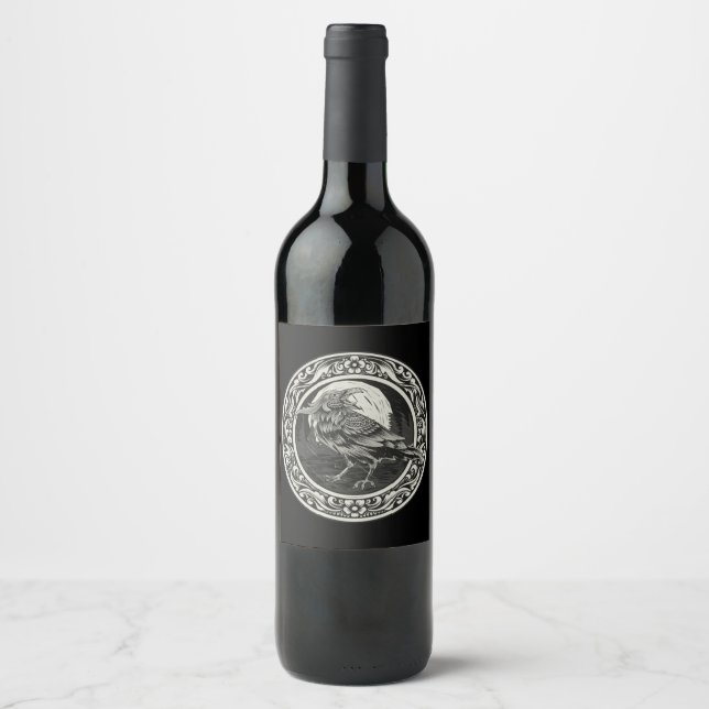 Raven Medallion Carving Art Bird Nature  Classic  Wine Label (Front)