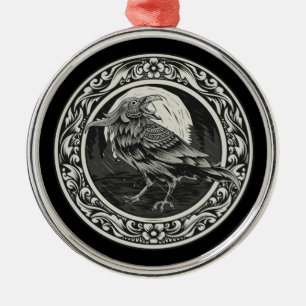 Raven Medallion Carving Art Bird Nature   Metal Tree Decoration