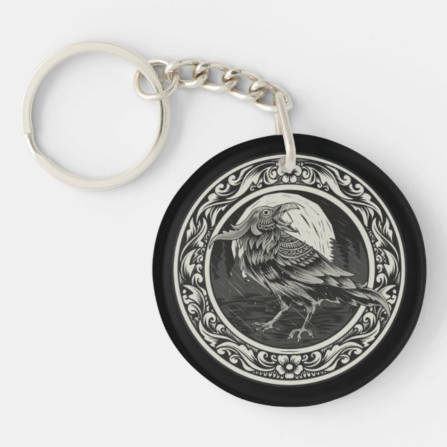 Raven Medallion Carving Art Bird Nature Nevermore  Key Ring (Front)