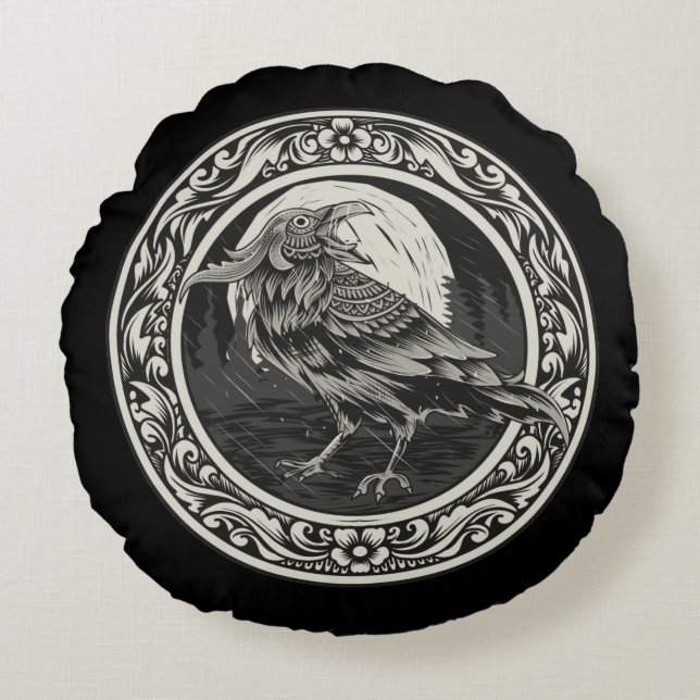 Raven Medallion Carving Art Bird Nature    Round Cushion (Front)