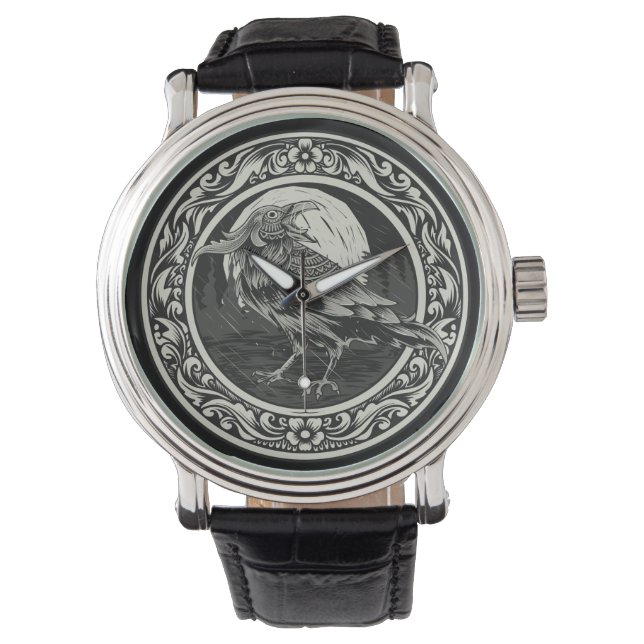 Raven Medallion Carving Art Bird Nature   Watch (Front)