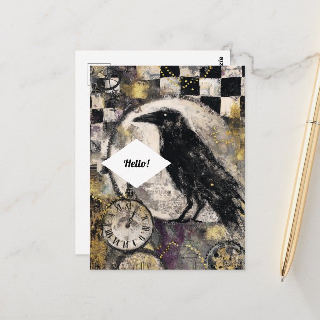 Raven Mixed Media Collage Postcard (Front/Back In Situ)
