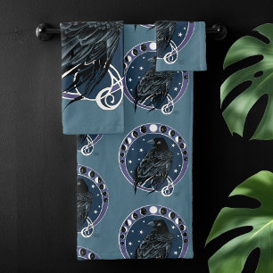 Raven Moon Phases Stars Blue Bath Towel Set