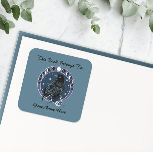 Raven Moon Phases Stars Blue Bookplate Square Sticker