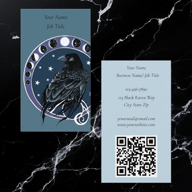Raven Moon Phases Stars Blue Business Card (Creator Uploaded)