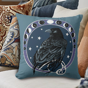Raven Moon Phases Stars Blue Cushion