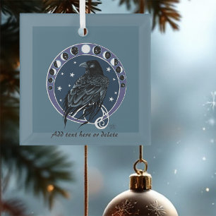 Raven Moon Phases Stars Blue Glass Tree Decoration