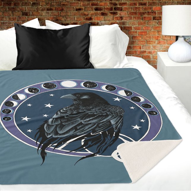 Raven Moon Phases Stars Blue Sherpa Blanket (Creator Uploaded)