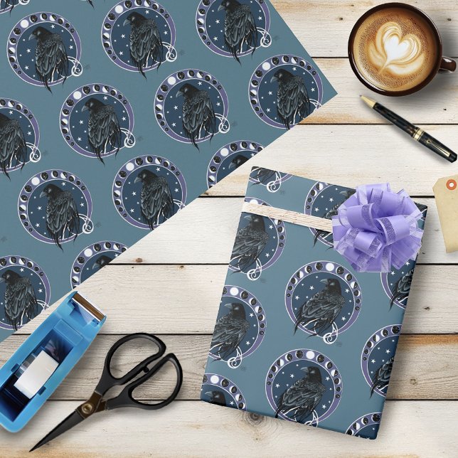 Raven Moon Phases Stars Blue Wrapping Paper (Creator Uploaded)