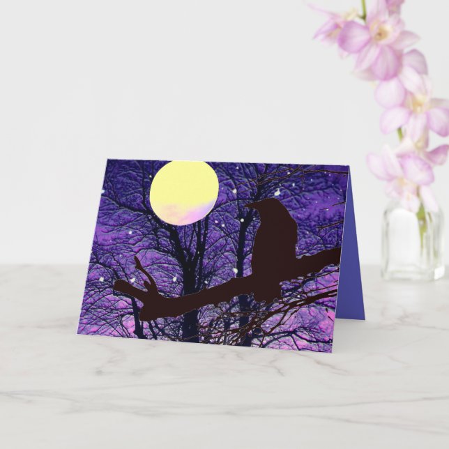 Raven, Moon, Sun, Stars, Halloween Blank Card (Orchid)