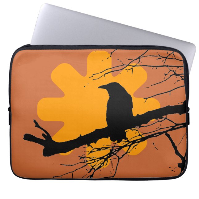 Raven on a branch and sun, brown, yellow laptop sleeve (Front)