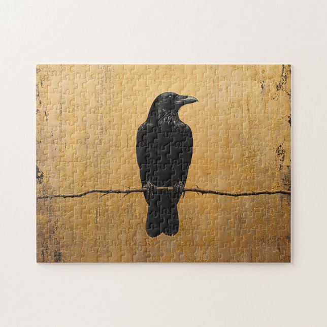 Raven on a Branch Gold Background Jigsaw Puzzle (Horizontal)