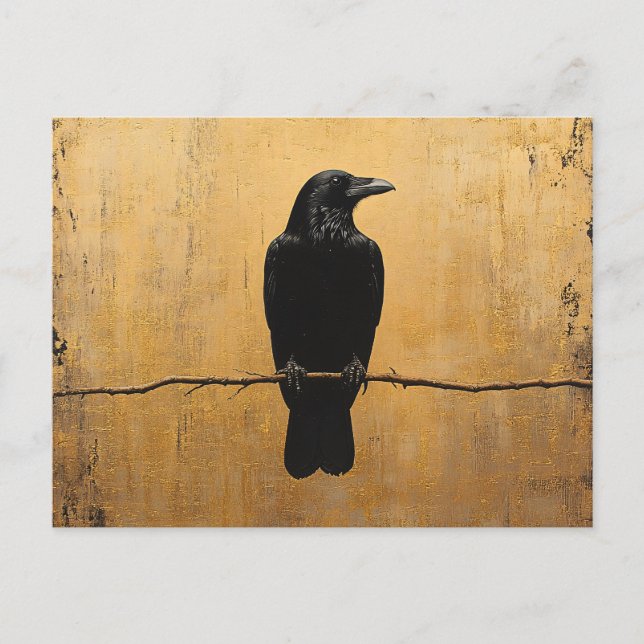 Raven on a Branch Gold Background Postcard (Front)