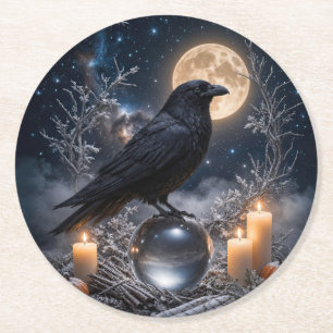 Raven on a Crystal Ball Mystical Candles Round Paper Coaster
