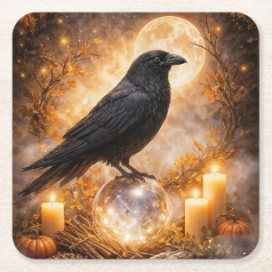 Raven on a Crystal Ball Mystical Candles Square Paper Coaster