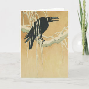 Raven on a tree branch crow winter illustration card