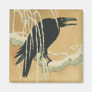 Raven on a tree branch vintage winter illustration magnet