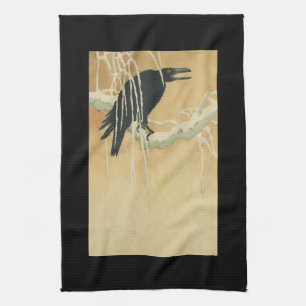 Raven on a tree branch winter vintage illustration tea towel