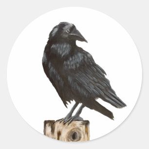 Raven on a Tree Stump Classic Round Sticker