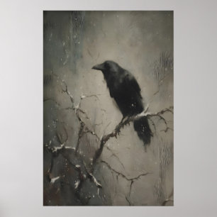 Raven On Bare Branch, Gothic Crow Bird Wall Art