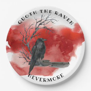 Raven on Branch Blood Red Background Paper Plate