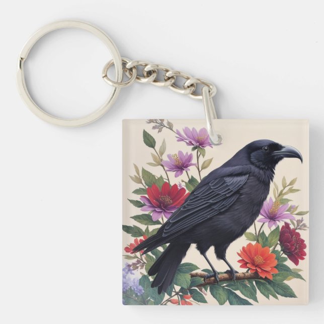 Raven on Branch Colourful Floral Art Key Ring (Front)