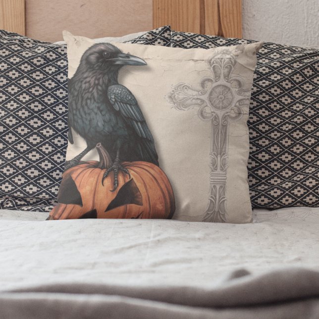 Raven on Jack O Lantern | Victorian Styled Cushion (Raven on Jack o Lantern with faded spooky cross throw pillow for Halloween and scary decor. )