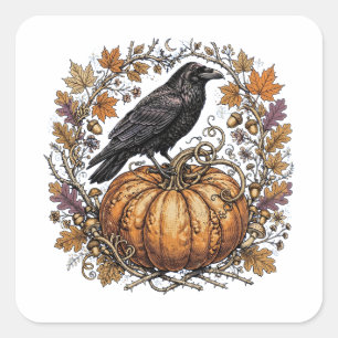 Raven on Pumpkin Sticker - Vintage Fall Crow Vinyl