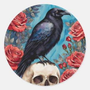 Raven On Skull Red Roses Teal Background Classic Round Sticker