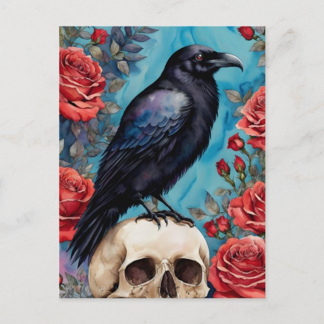 Raven On Skull Red Roses Teal Background Postcard (Front)